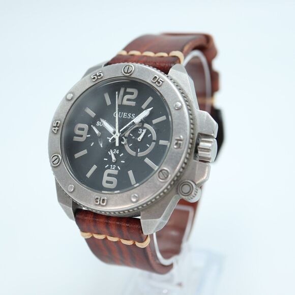Guess Mens Viper Watch 48mm Jumbo Black Multifunction Dial Brown Leather Strap - Picture 1 of 15